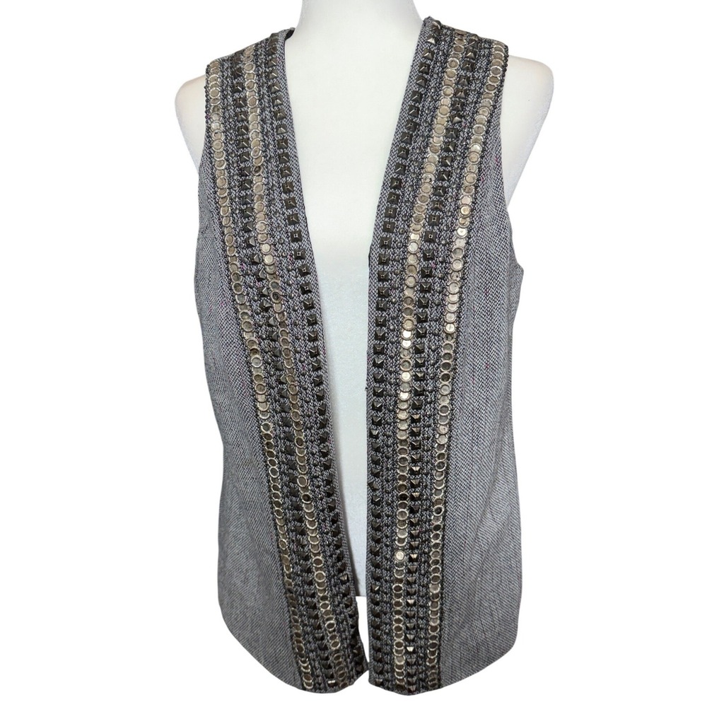 Chico's‎ Vest Women Size 1/Medium Gray Embellished Wool Blend Tweed Boho Artsy